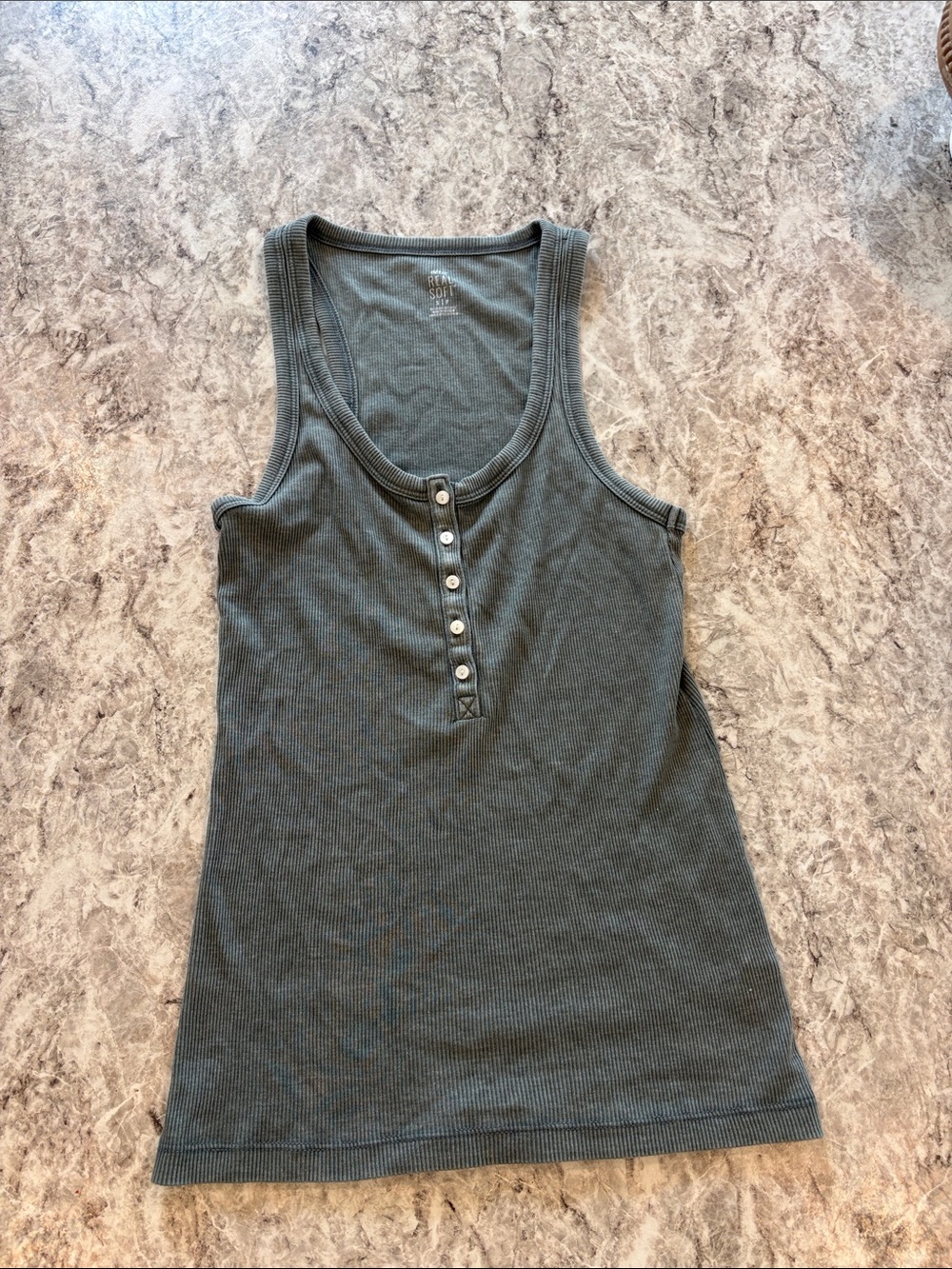 aerie Ribbed Henley Tank - Dark Green